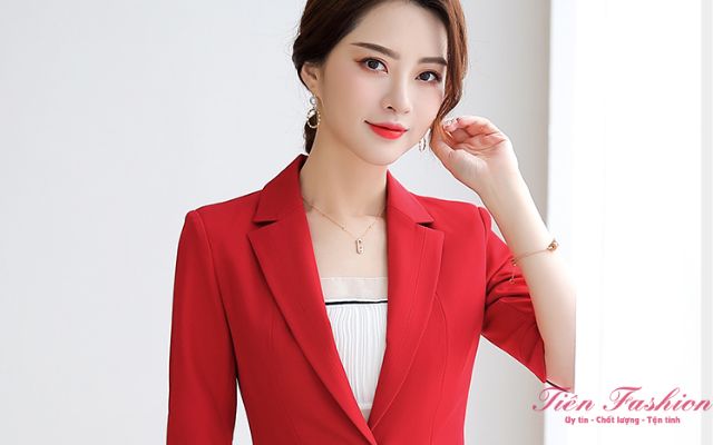 Bộ vest nữ công sở màu đỏ form dài - Phối áo trắng